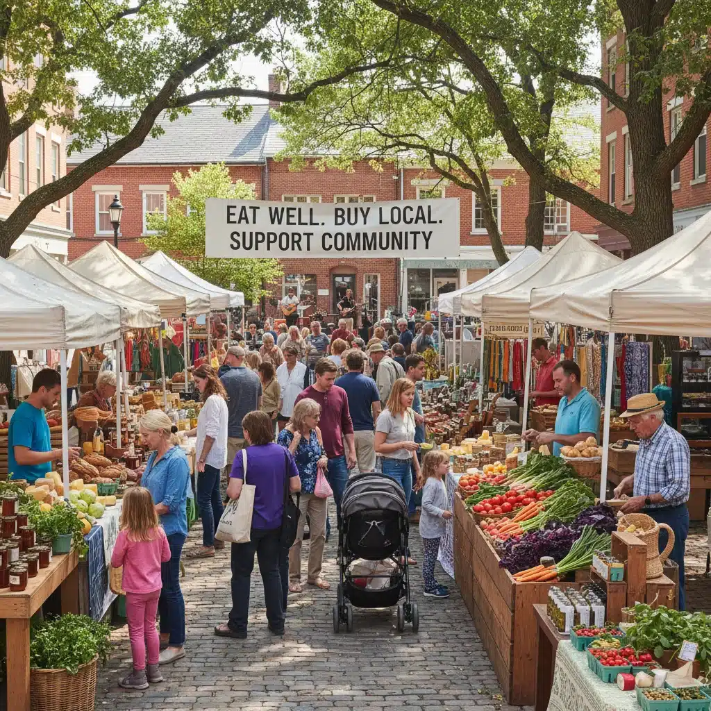 Lively American farmers' market with shoppers and local farmers, showcasing fresh, seasonal produce and community engagement.