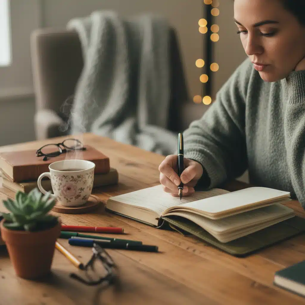 Person mindfully journaling, reflecting on thoughts and feelings in a calm setting