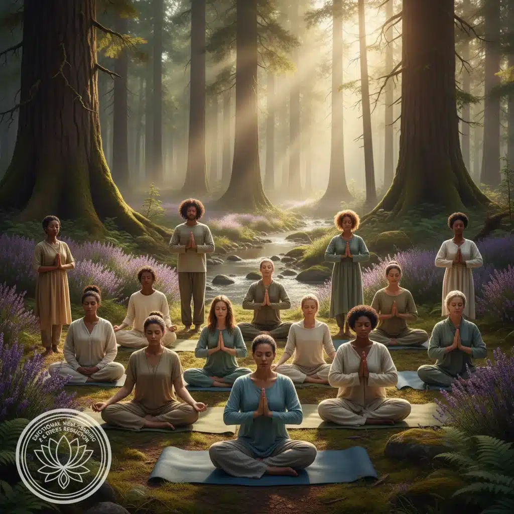 People practicing mindfulness in nature to combat emotional burnout.