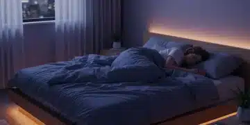 Peaceful sleeping adult in a modern bedroom, digital devices off to the side, emphasizing sleep optimization.