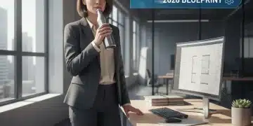 Professional woman in office with water bottle, symbolizing increased daily water intake and peak performance.