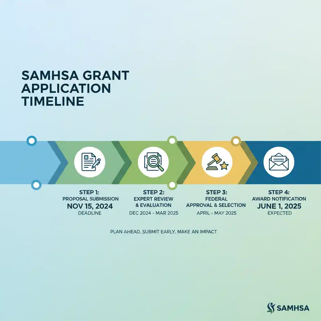 Infographic of SAMHSA grant application timeline, deadlines, review process, award notification