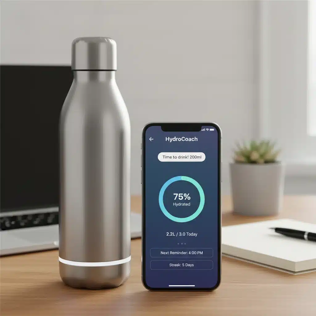 Smart water bottle and hydration tracking app on a smartphone, illustrating technology's role in monitoring water intake.