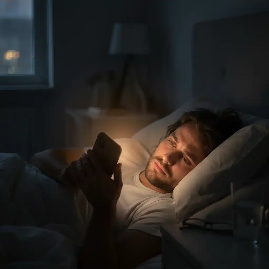Person using smartphone at night with blue light filter, illustrating digital impact on sleep.