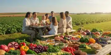 Colorful array of fresh, locally sourced fruits, vegetables, and plant-based foods, emphasizing sustainable eating for health and planet.