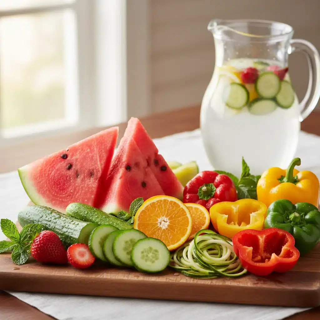 Colorful arrangement of water-rich fruits and vegetables with infused water, emphasizing dietary hydration sources.