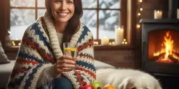 Smiling person in winter setting with healthy food, symbolizing strong immunity