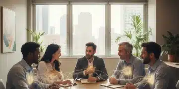 Diverse professionals collaborating with emotional intelligence in a modern office.