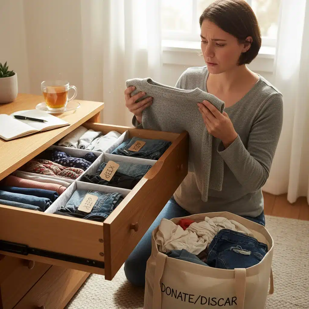 Person mindfully sorting clothes in a decluttered drawer.