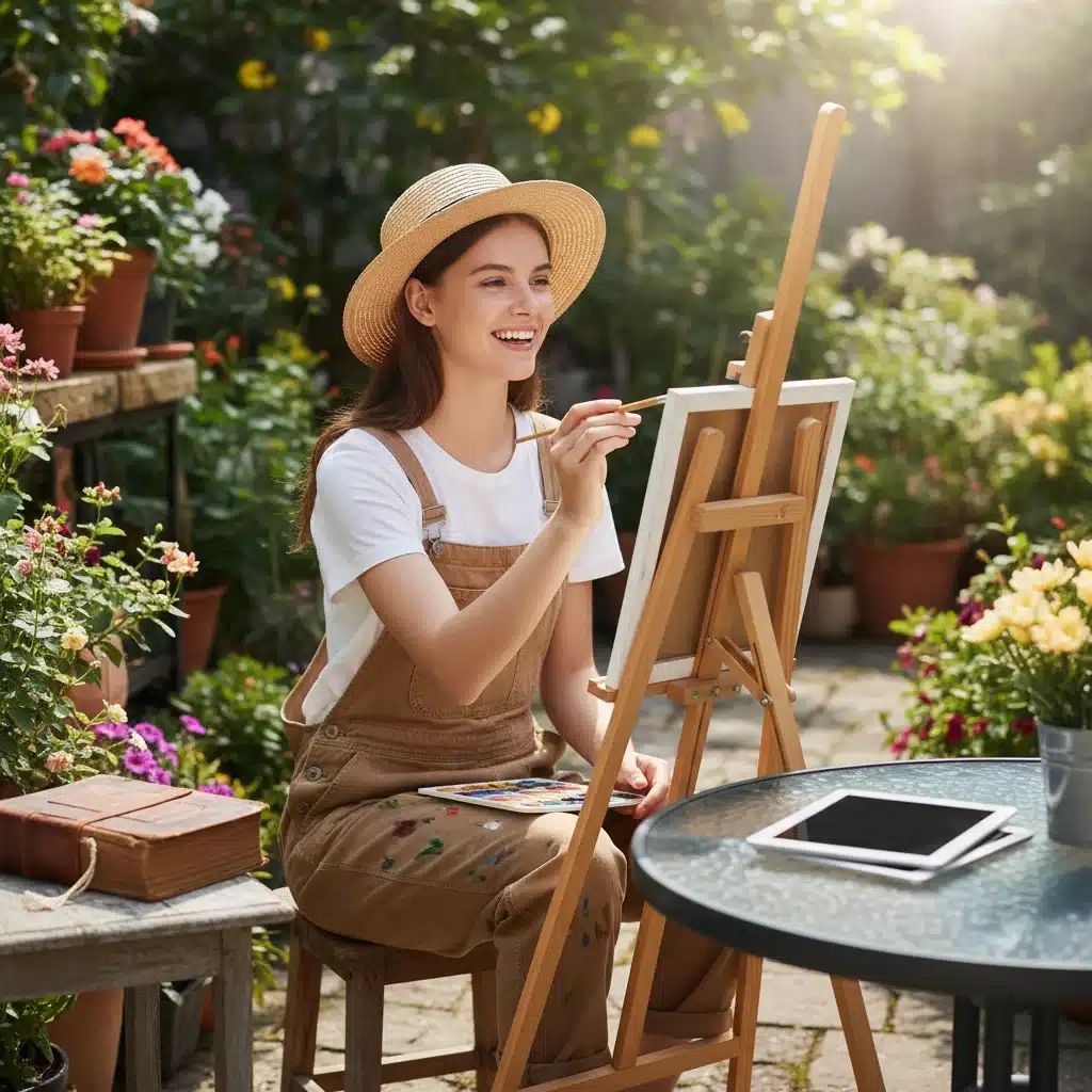 Person enjoying a non-digital hobby, blurred device in background