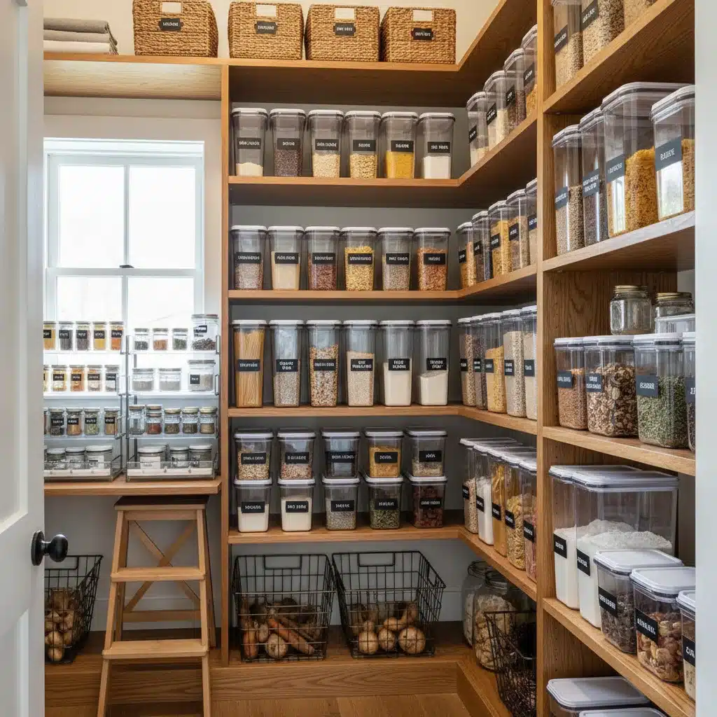 Organized kitchen pantry with clear containers and labeled shelves.