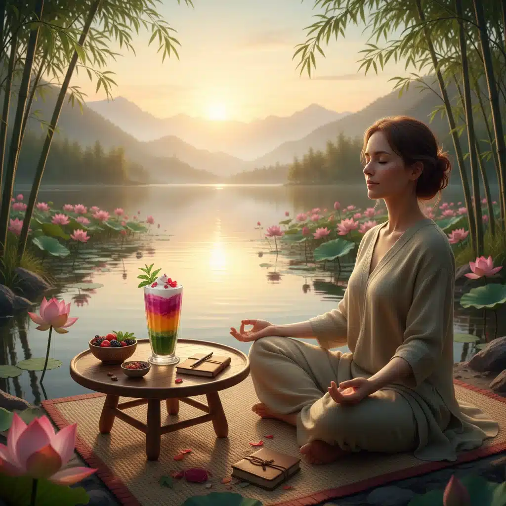 Person meditating with a healthy smoothie, symbolizing mental clarity from plant-based diet