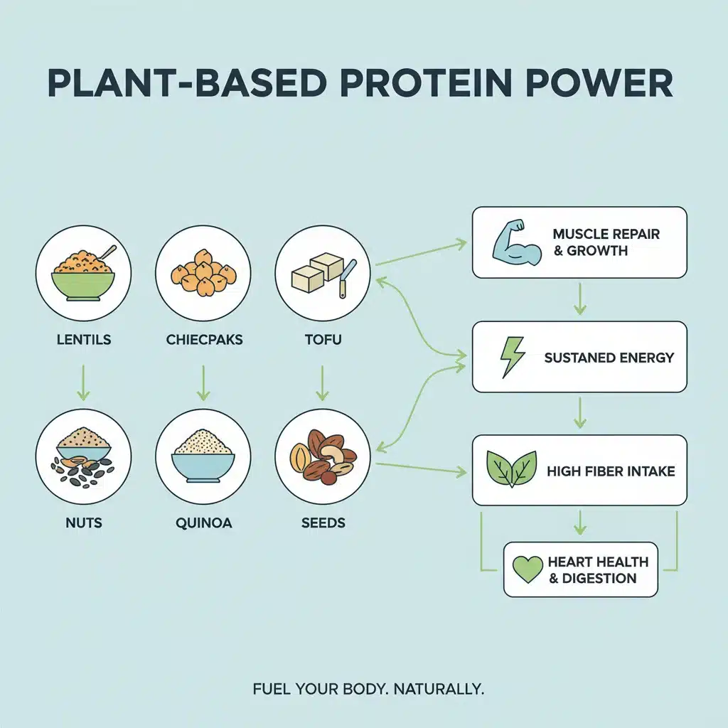 Infographic showing diverse plant-based protein sources and their nutritional benefits