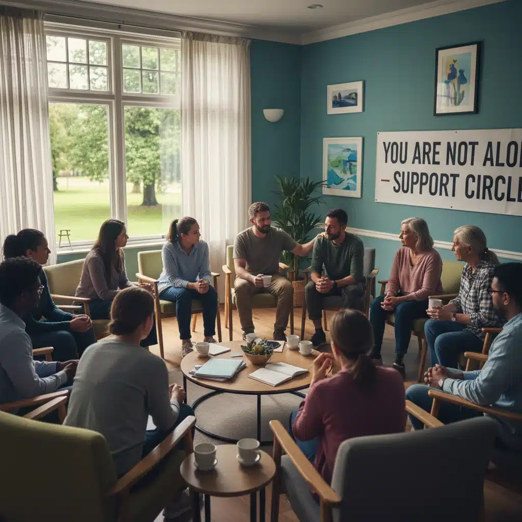 Diverse group in a support group meeting, demonstrating empathy and shared recovery experience.