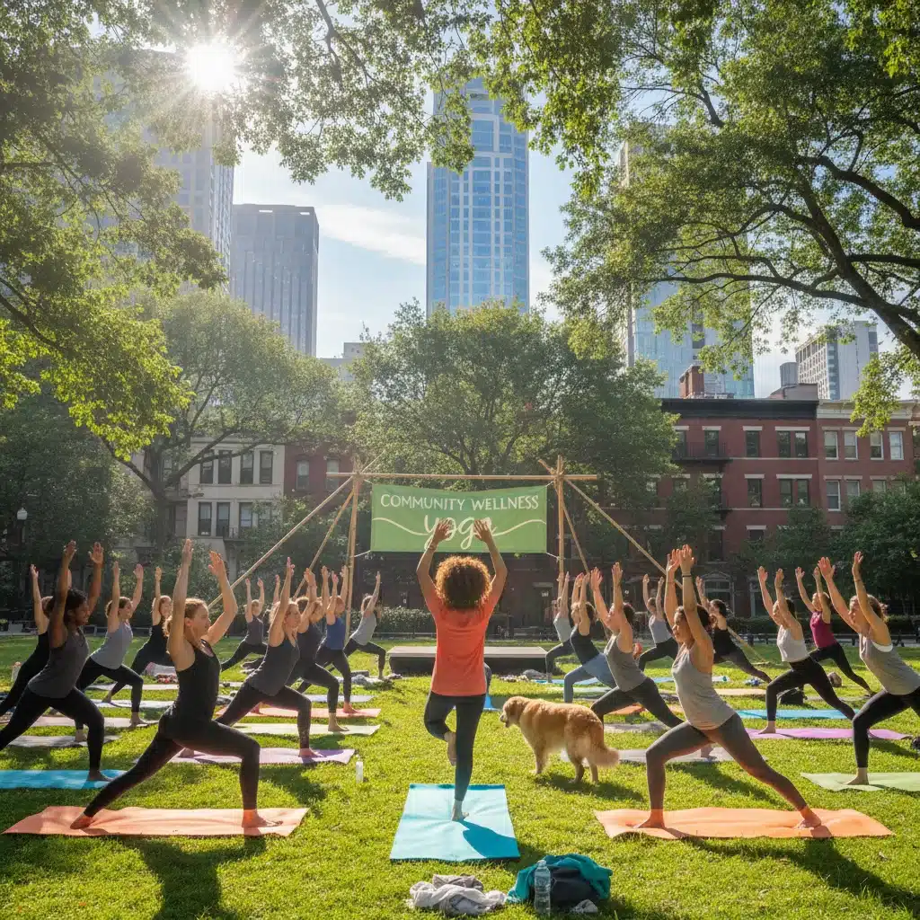 Diverse group practicing outdoor yoga in a park, promoting community and physical well-being.