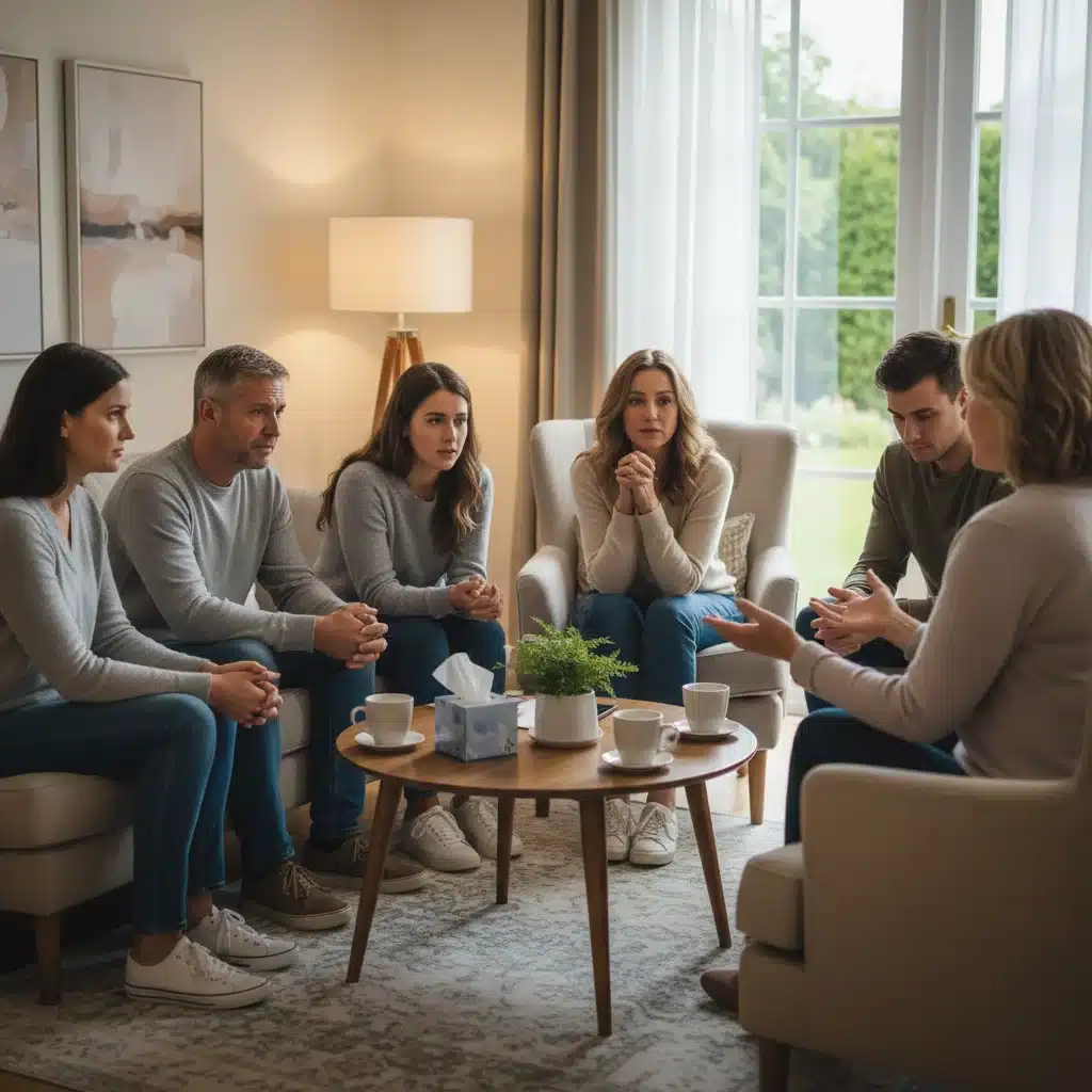 Family members participating in an addiction support group therapy session.