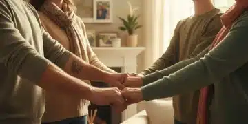 Supportive family holding hands, symbolizing unity in addiction recovery.