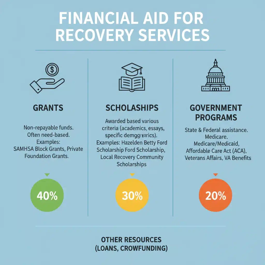 Infographic detailing various financial aid options for addiction and mental health recovery.