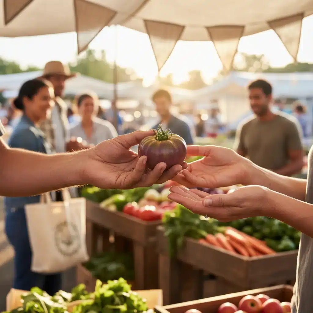 Hands exchanging organic produce at a local farmers' market, symbolizing support for local economies and ethical sourcing.
