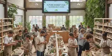 People making conscious choices at a sustainable marketplace in 2026, highlighting mindful consumption trends.