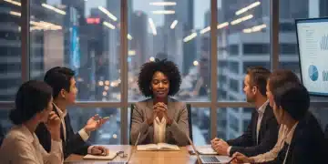 Mindful leader guiding a diverse team in a modern office, fostering collaboration and well-being.