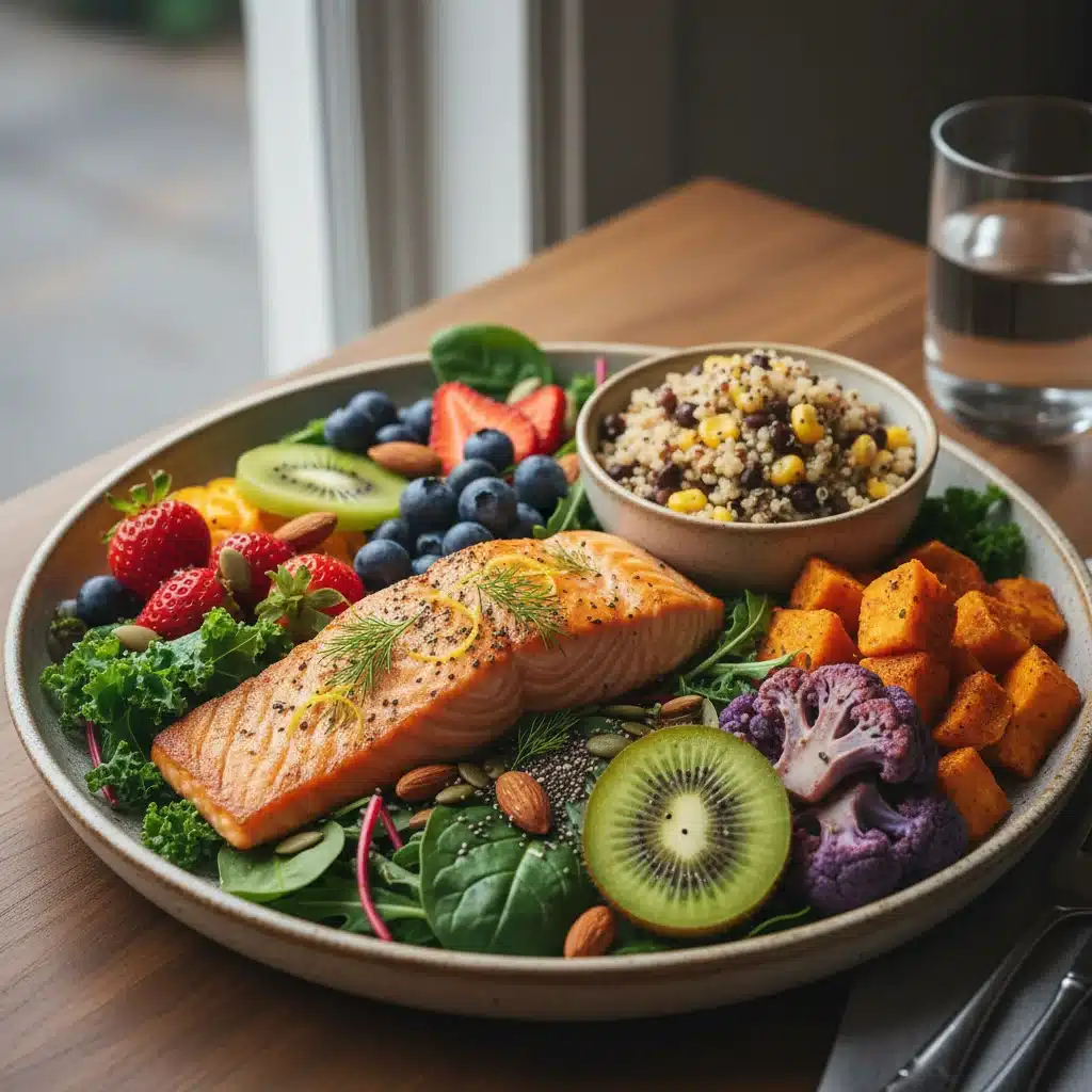 Colorful plate of fresh fruits, vegetables, lean protein, and whole grains for immune support.