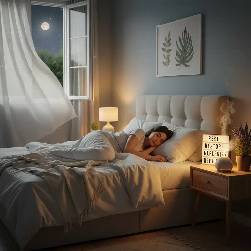 Person sleeping soundly in a peaceful, dimly lit bedroom, highlighting restorative sleep for immunity.