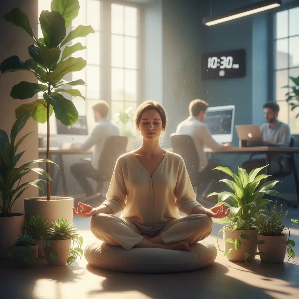 Employee meditating for self-awareness in a peaceful office setting.