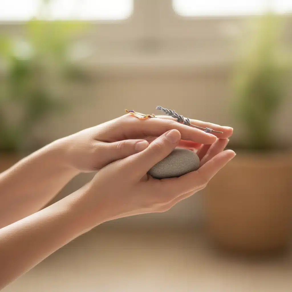 Hands in a comforting gesture, illustrating self-care and grounding during a mind-body exercise.