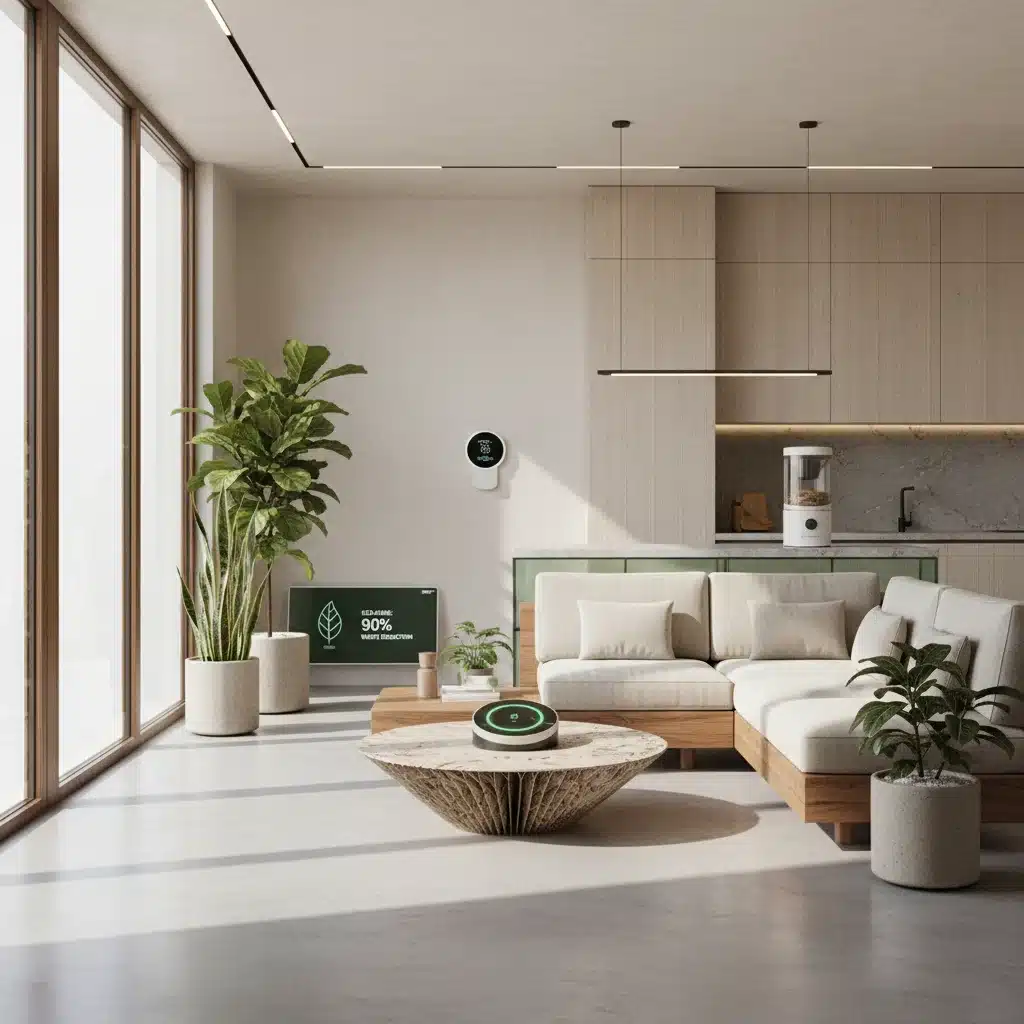 Smart home technology promoting energy efficiency and sustainable living in a modern, eco-friendly interior.